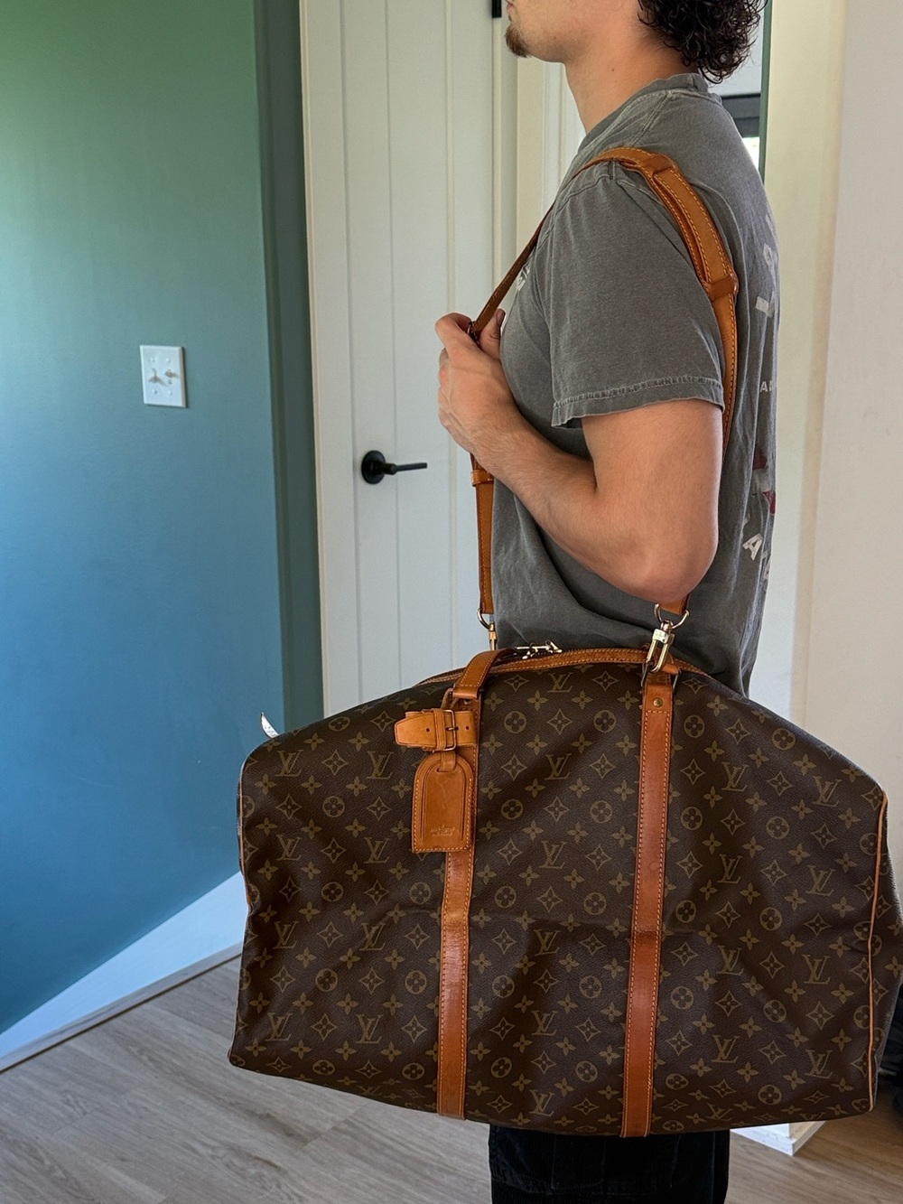 Authentic Louis Vuitton Brown Monogram Canvas Keep All with Tan Leather